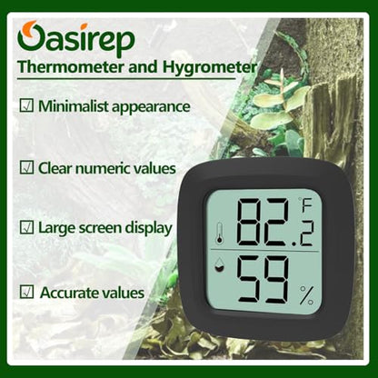 Black Reptile Thermometer and Hygrometer – LCD Digital Temp & Humidity Gauge for Bearded Dragon, Ball Python, Crested Gecko, Tortoise, Frog, Axolotl Tanks - size: Black
