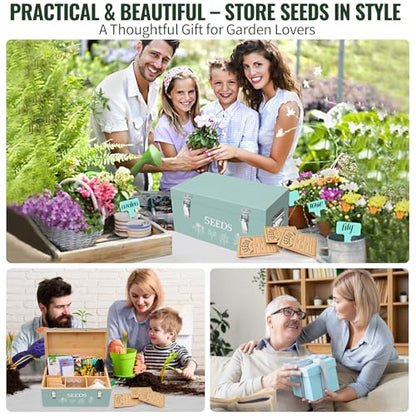 Large Bamboo Wood Seed Storage Organizer Box with Lid, Double-Layer Seal Design Seed Saving Box with 304 Stainless Steel Safety Lock, Handles, Extra Seed Envelopes and Labels, Great Gifts for Gardener - color: 2.Green(Large)