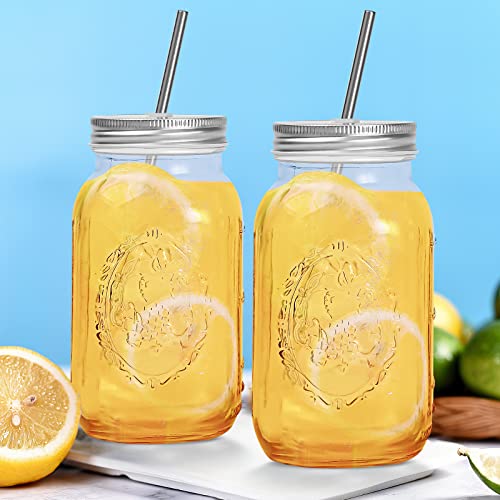 YSJILIDE Smoothie Cups, Glass Mason Drinking Jar, 24oz Smoothie Cups with Lid and Stainless Steel Straw, Drinking Mugs, Tea Cup Travel Mug, Ideal for Juice, Milk (Pack Of 2, Clear) - color: WHITE2