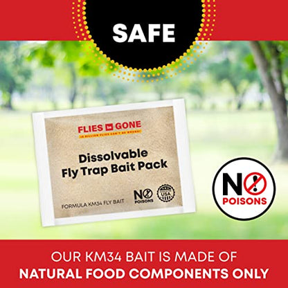 Flies Be Gone Outdoor Fly Trap 6-Pack - Reusable Container, Patent Pending Screw Lid, Suspension Strap & 12 Protein-Powered Attractant Packs - Best Fly Catcher for Outdoor Home and Commercial Use.