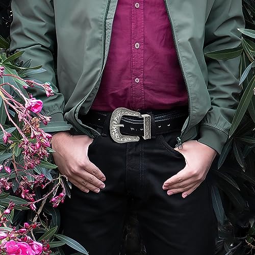 QuneusHot 6 Pieces Cowboy Replacement Belt Buckle Set 1.5"(38mm) Strap Western Floral Engraved Silver Buckles for Men Women - color: Antique Silver