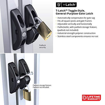 D&D TL01 T-Latch Gate Latch For Square Metal, Wood or Vinyl Gates, Black | General purpose gate latch, can be padlocked. Weather-resistant. For square gate & fence post. Easy to install.