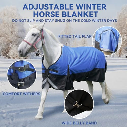 78” Winter Horse Blanket, 1200D Waterproof Poly Horse Turnout Blanket, Durable Tear-Resistant Thick Horse Blanket with Snuggit 220g Filling, Breathable Warmth Turnout Blankets for Horse - size: 78“