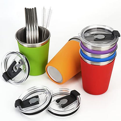 ShineMe Stainless Steel Kids Cups, 5pack with Spill Proof Lids, Straws & Silicone Sleeves, 12oz, BPA Free, Insulated, for Cold & Hot Drinks - color: green, blue,purple, red,orange