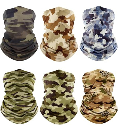 Fuinloth Neck Gaiter, 6 Pack Cooling UV Protection Bandana Face Mask Gator - color: Camo+ink-blended Blue+jungle Leaf+camo Sand+camo Green+swell Green