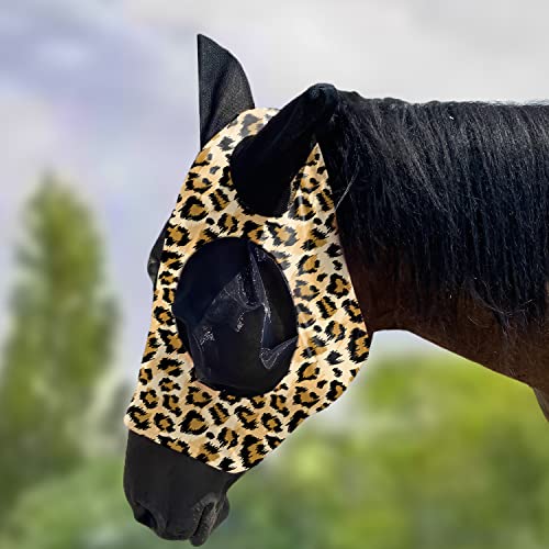 Upgrade Uv Horse Fly Mask with Ears - Equine Sunscreen Lycra Quiet Ride Elasticity Fly Mask with Ear Protection (Leopard Print) - color: Leopard print