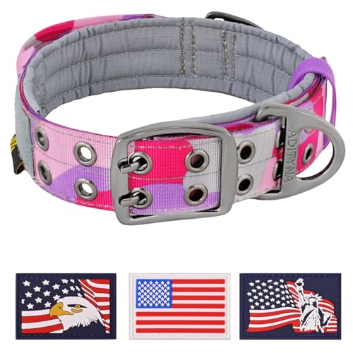 ADITYNA Heavy Duty Dog Collar for Medium Dogs with Traffic Handle - color: Camo Pink Purple, size: Medium: Fit 15-19" Neck