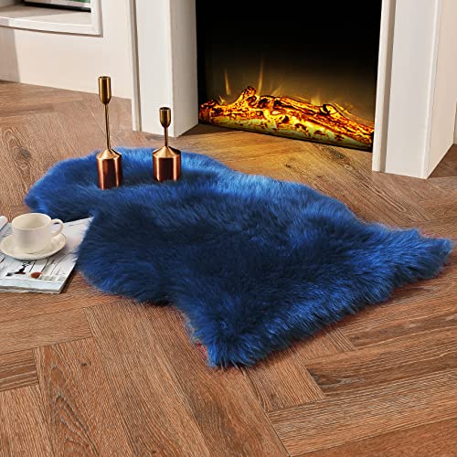 Navy Blue Faux Sheepskin Throw Rug 2x3 ft, Small Fluffy Fur Chair Cover - color: Navy Blue, size: 2' x 3'