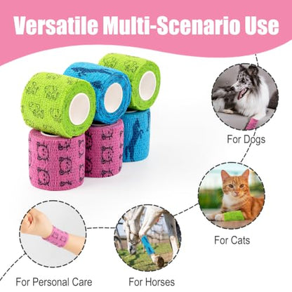 Vet Wrap Cohesive Bandages, Self-Adhesive Bandage Wrap, Breathable Non-Woven Self Adherent Tape for Pet Dog Leg Paw Wound, Horse, Cat, First Aid & Ankle Sprain, 2 Inch, 6 Rolls - color: 6 Rolls C