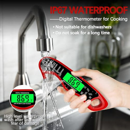 Cooking Thermometer，IP67 Waterproof Meat Thermometer Digital - color: Red