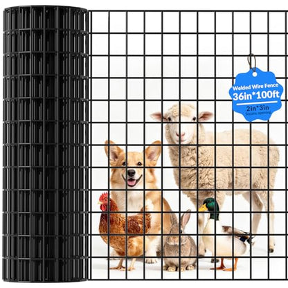 Welded Wire Fence, 36 Inch x 100 Foot Black PVC Coated Wire Mesh, 2 Inch x 3 Inch 16GA Garden Border Fencing Roll Vinyl Coating Metal Wire Mesh for Yard Vegetable Plant Protection Poultry Netting - size: 36X100ft