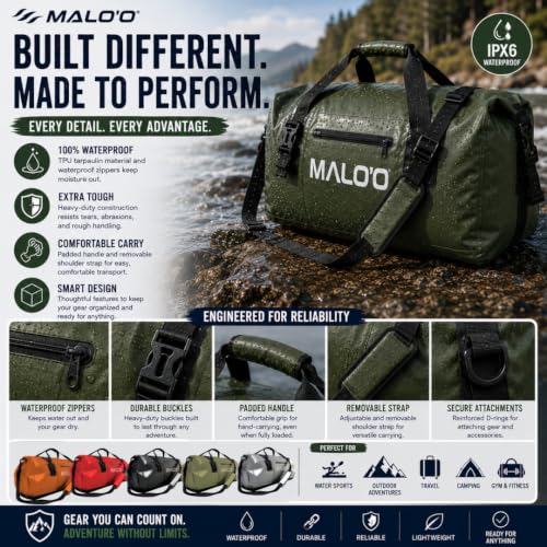 Malo’o Waterproof Dry Duffel, Heavy-Duty Roll Top Waterproof Gear Bag with Shoulder Strap & Molle Loops, Marine Duffel for Kayaking, Boating, Camping, Beach & Travel, Black, 60L - color: Black, size: 60L