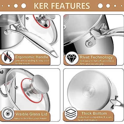 LIANYU 1QT & 2QT Saucepan with Lid, Triply 18/10 Stainless Steel Cooking Pot, Small 1 Quart and 2 Quart Saucepan, Induction Cookware for Boiling Stewing, Dishwasher Safe - size: 1QT+2QT