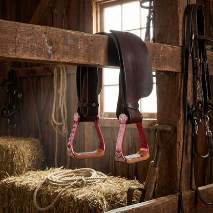 Horse Western 5" Wide Barrel Racer Engraved Aluminum Show Stirrups 51244 - color: Pink