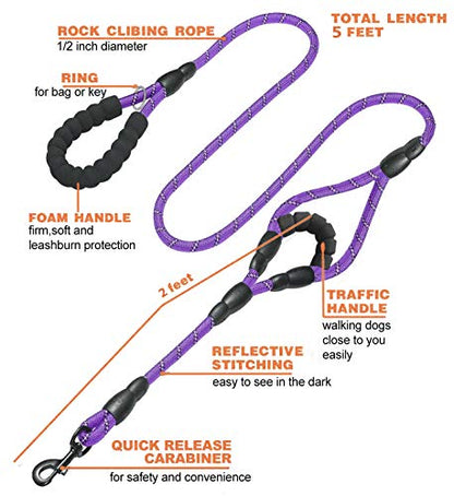JSXD 5 FT Heavy Duty Double Handle Dog Leash with Comfortable Padded and Reflective Rope, for Small, Medium, Large Dogs (Rope-Purple) - color: Rope-Purple