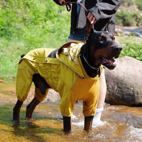 LOVELONGLONG Fleece-Lined Dog Raincoat with Removable Hood – Waterproof Winter Full Body Dog Jacket – Windproof Snowproof Cold-Weather Suit – Yellow-F L - color: Mustard Yellow Fleeced, size: L (Back 16.5")