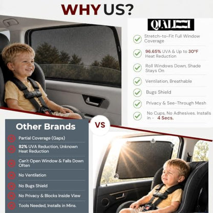 L/Car Window Shades for Baby, 8 Sizes/2-Pack. Stretch-to-Fit Up to H:18"× W:40" Side Rear Windows. Full-Coverage Mesh, Sun & Heat Block. Bug Screen for Car Camping. 96.25% UV Protection | Qualizzi® - size: L - Rectangular