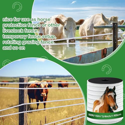 2 Rolls 500 ft x 3/4 Inch Electric Fence Polytape for Horse Livestock Cattle, High Visibility Electric Fencing Tape for Farm Temporary Horse Fence (White) - size: 500ft x 3/4in
