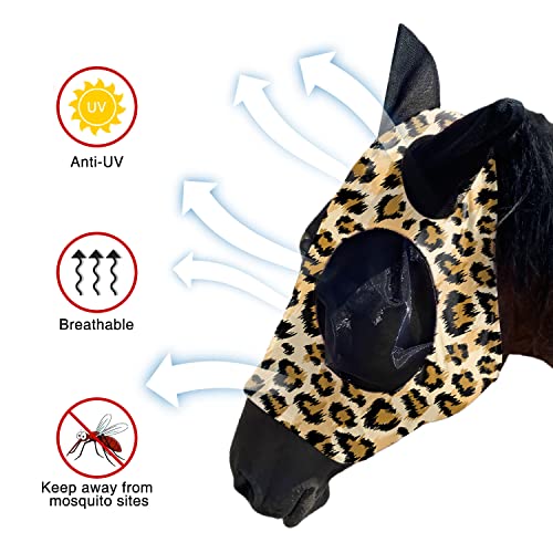 Upgrade Uv Horse Fly Mask with Ears - Equine Sunscreen Lycra Quiet Ride Elasticity Fly Mask with Ear Protection (Leopard Print) - color: Leopard print