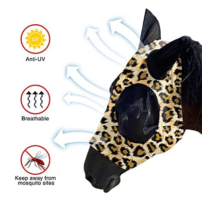Upgrade Uv Horse Fly Mask with Ears - Equine Sunscreen Lycra Quiet Ride Elasticity Fly Mask with Ear Protection (Leopard Print) - color: Leopard print