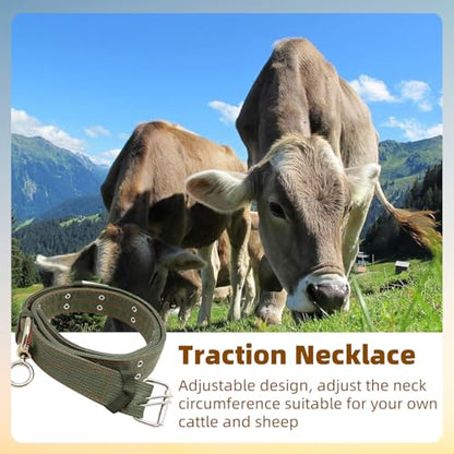1 Pack 59 Inch Adjustable 4-Layer Nylon Thickened Cow Collar with 2-Rows Metal Buckle and Traction Chain for Dogs, Cow, Sheep, Horse, Goat, Camel