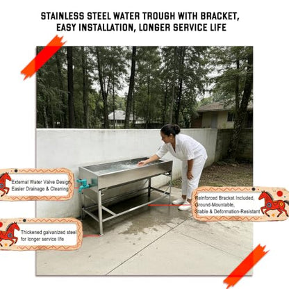 Automatic Livestock Water Trough with Metal Stand, Larger Automatic Waterer | 12 Gal Stainless Steel Larger Livestock Waterer with Detachable Fixed Elevated Stand, Eases Cattle & Horses’ Neck Strain - color: 12 Gallons with 23“ Stand, size: 39.3"L x 7.8"W