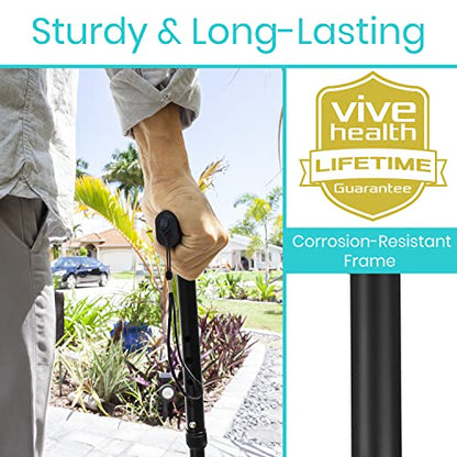 Vive Folding Cane - Foldable Walking Cane for Men, Women - Fold-up, Collapsible, Lightweight, Adjustable, Portable Hand Walking Stick - Balancing Mobility Aid - Sleek, Comfortable - color: Black