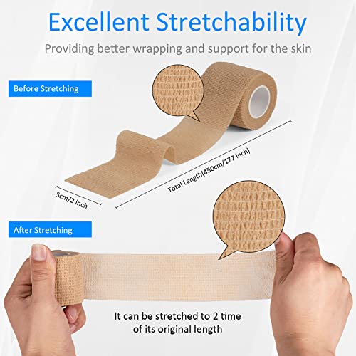 12Pcs Self Adhesive Bandage Wrap 2inch x 5 Yards Elastic Bandage Wrap Beige - color: Skin Color, size: 12Pcs