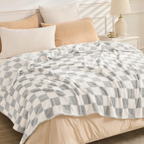 EMME Checkered Blanket Queen Size - 80"x90" Grey Knit Blanket Soft Fluffy Patterned Throw Blankets for Couch, Sofa, Chair, Bed, Camping, Picnic, Travel - color: 23-checkered Grey, size: Queen