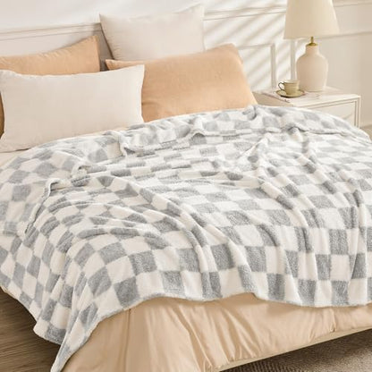 EMME Checkered Blanket Queen Size - 80"x90" Grey Knit Blanket Soft Fluffy Patterned Throw Blankets for Couch, Sofa, Chair, Bed, Camping, Picnic, Travel - color: 23-checkered Grey, size: Queen