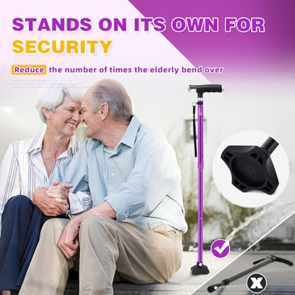 BeneCane Walking Cane for Women Folding Cane for Men with Two Led Lights Quad Cane with Stable Base Lightweight and Adjustable Walking Stick - color: Purple
