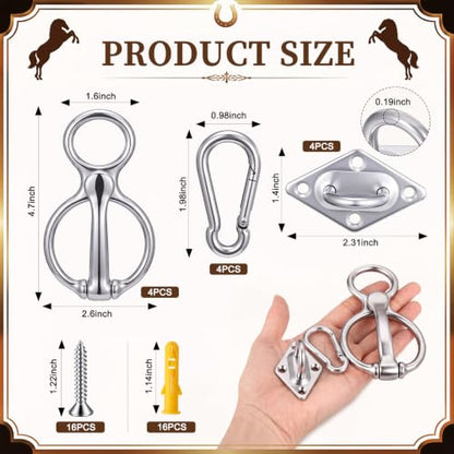 Tudomro 4 Sets Horse Tie Ring, Upgraded Tack and Supplies, 304 Stainless Steel Safe Horse Accessories, Tie Ring Training Equipment with Eye Bolt and Snaps Saddle
