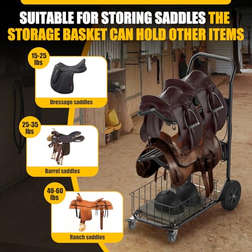 Heavy Duty Rolling Saddle Rack Cart with Basket | Foldable Horse Tack Dolly, for Western & English Saddles, Bridles, Helmets, Horse Gear Storage, Show Cart for Easy Transport
