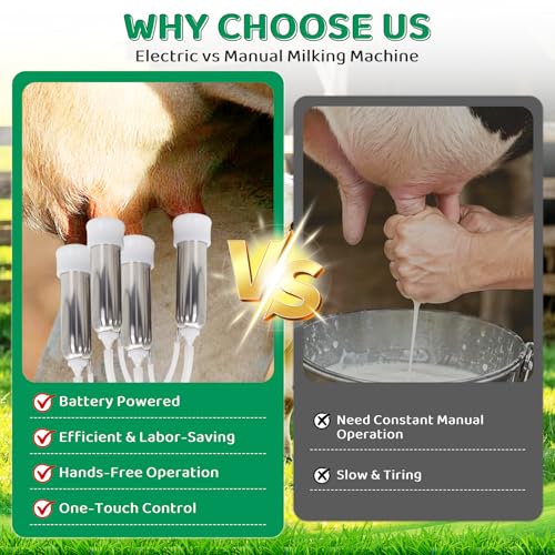 Cow Milking Machine 14L Stainless Steel Bucket Rechargeable Battery Powered 4 Teat Cups for Cows and Goats, Electric Pulsation Portable Milker (4 Stainless Steel Milking Cups Liners)