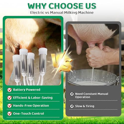 Cow Milking Machine 14L Stainless Steel Bucket Rechargeable Battery Powered 4 Teat Cups for Cows and Goats, Electric Pulsation Portable Milker (4 Stainless Steel Milking Cups Liners)