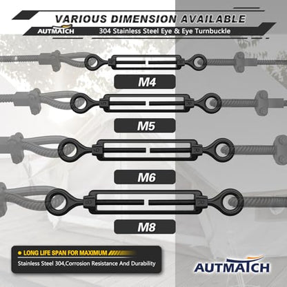 AUTMATCH M6 Eye & Eye Turnbuckle - 304 Stainless Steel Wire Rope Tensioner | Adjustable Turnbuckle for Cable Railing, Fence & Shade Sail Hardware, Wire Rope Tension Kit, 6-Pack, Black - color: Black Tone - Eye & Eye, size: M6