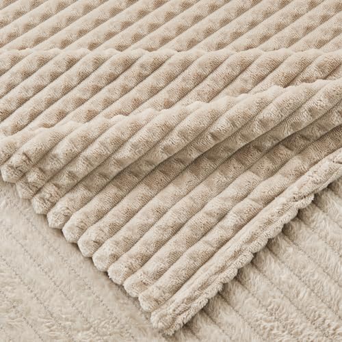EMME Fleece Blanket Queen Size Luxury Flannel for Couch Bed Sofa Chair, Soft, Plush, Warm and Cozy Blanket with 3D Geometric Grid Design (Beige, 80'' x 90'') - color: 01-grid-beige, size: Queen