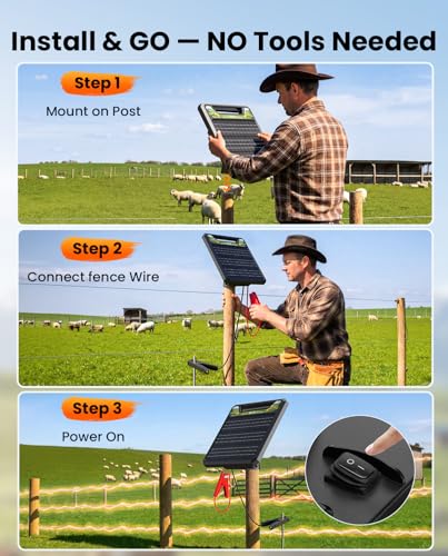 Solar Electric Fence Charger, Epoify LD03, 1 Joule, 45-Mile for Livestock | 8W Solar Panel with AC Backup, 8000mAh Battery, Auto Short-Circuit Alarm, Weatherproof Housing - color: Black