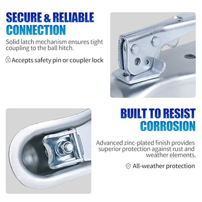 3500lb Straight Trailer Coupler for 2" Ball, 2-1/2" Channel | Fits 2-1/2" channel widths. Heavy-duty zinc finish protects against rust and wear during trailer hauling. - size: 2" Ball 2-1/2" Channel 3,500 lbs