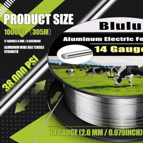 Blulu 14 Gauge Aluminum Electric Fence Wire High Conductivity, 1000 ft - size: 14 Gauge