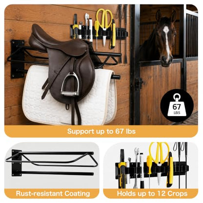 2 PCS Saddle Racks and 2 PCS Horse Whip Crop Holder Rack Wall Mounted for English Western Saddles Horses Blanket Whip,Horse Tack Storage Set for Horse tack Storage,tack Room,Stable,barn,Garage