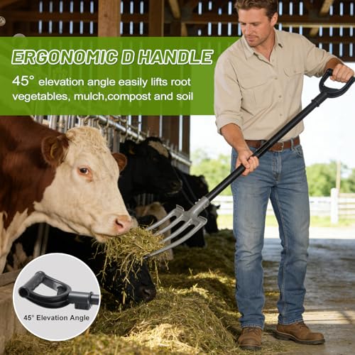Pitch Fork, 46 inch Garden Fork with Metal 4 Tines & Ergonomic D Handle, Heavy Duty Pitchforks for Gardening Digging Composting Soil Loosening