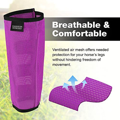 Harrison Howard Loose Fitting Fly Boots UV-Protective Extra Tough Mesh Ventilated Four Fasteners Stay-on Design Protect Horse Legs & Stomp-Reducing Set of 4 Purple Large - color: Purple, size: Large