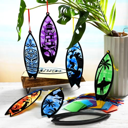 AmazingSpark 30 Pcs Surfboard Suncatcher Craft Kit, Summer Beach DIY Art | Stained Glass Effect Tissue Paper, 6 Ocean Designs, Includes Frames and Colorful Papers, Bulk for Party Activities - style: Beach Surfboard