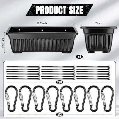 4 Pack 12 Quart Large Feed Trough Goat Horse Feeders Plastic Hanging Feeder with Clips and Nylon Cable Tie Water Trough Supplies Dog Horse Hog Pig Livestock Poultry for Large Animal Black