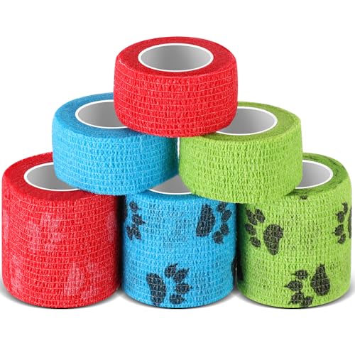 Geiserailie 6 Rolls No Chew Bandage for Dogs Self-Adhesive Bitter Bandage Wrap Non-Woven Pet Wrap for Dog Horse Wound Card