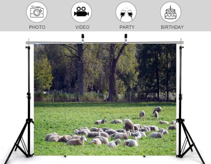 5x3ft Fabric Grass Sheep Pasture Backdrop Flock Wool Sheep Lush Green Meadow Tall Broadleaf Tree Photography Background Tapestry Country Farm Sheep Decorations Photo Booth Props - size: 5x3ft