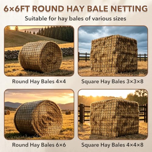 Pindex 6X6ft Round Bale Hay Net for Horses Slow Feed,Knotless-Livestock Slow Feed Hay,Fits 4x4 5x5 6x6 Round Bales,Heavy Duty &1.75inch Holes Feeder Nets for Horses Goats Cattle Reduce Waste