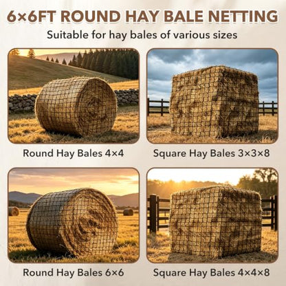 Pindex 6X6ft Round Bale Hay Net for Horses Slow Feed,Knotless-Livestock Slow Feed Hay,Fits 4x4 5x5 6x6 Round Bales,Heavy Duty &1.75inch Holes Feeder Nets for Horses Goats Cattle Reduce Waste