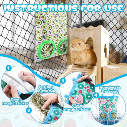 3 Pack Rabbits Hay Feeder Bag, 2 Holes Hanging Bunny Hay Feeder Guinea Pig Feeding Bag Storage Dispenser for Bunny Rabbits Chinchillas Hamsters Small Pets and Animals - color: Blue Green Yellow